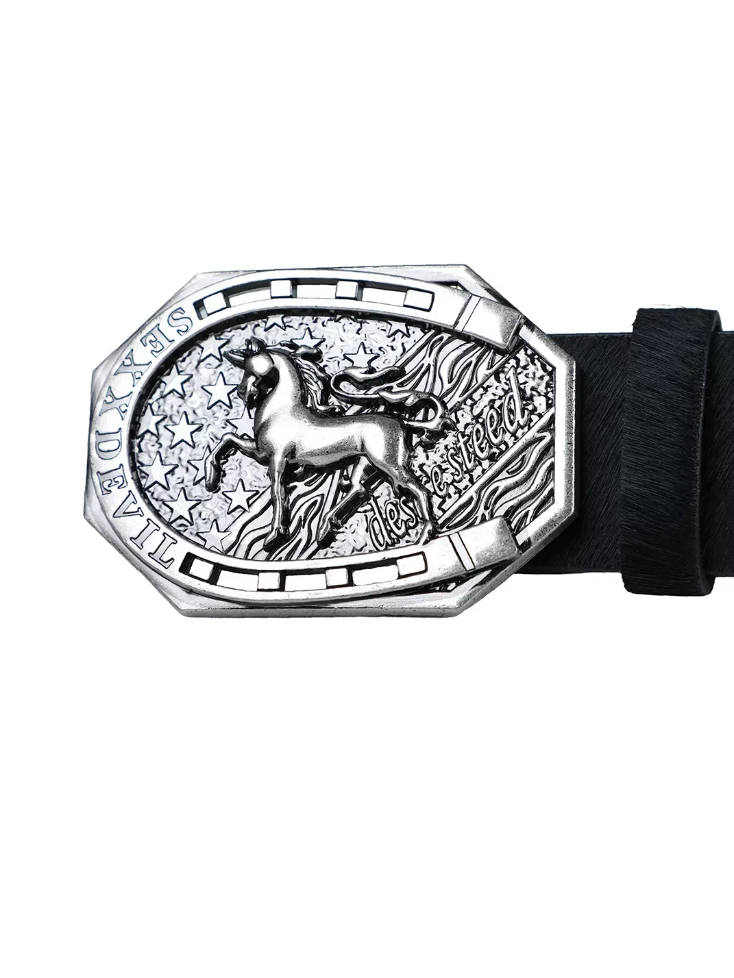 SEXXDEVIL | Distressed Studded Horse Buckle Cowhide Belt