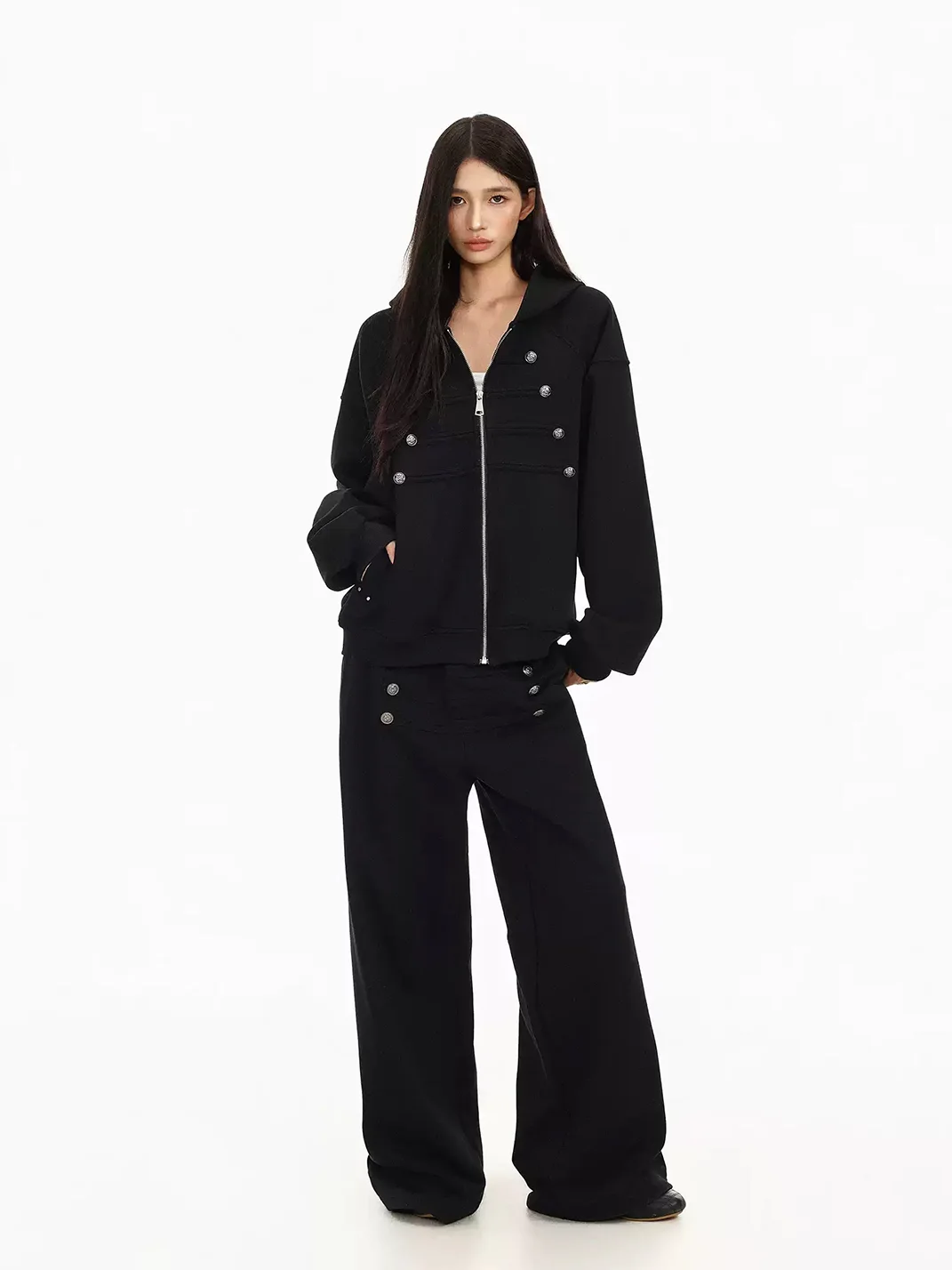 BIGGOLD | Wide-Leg Button-Trim Sweatpants