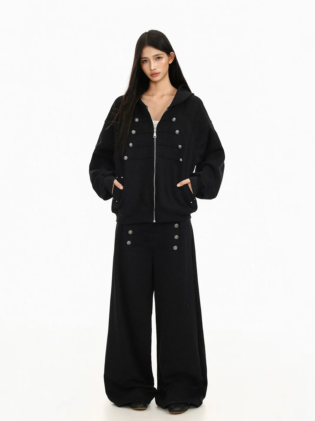 BIGGOLD | Wide-Leg Button-Trim Sweatpants