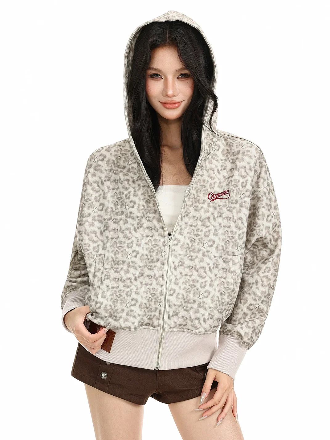 BIGGOLD | Leopard Hooded Zip-Up Cropped Jacket