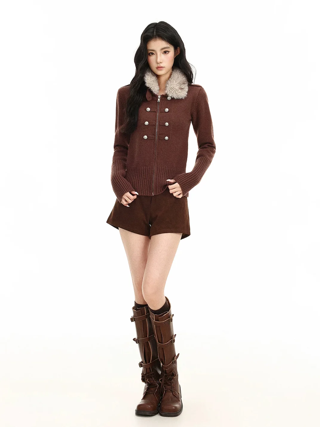 BIGGOLD | Fur Collar Double-Breasted Cropped Knit Cardigan
