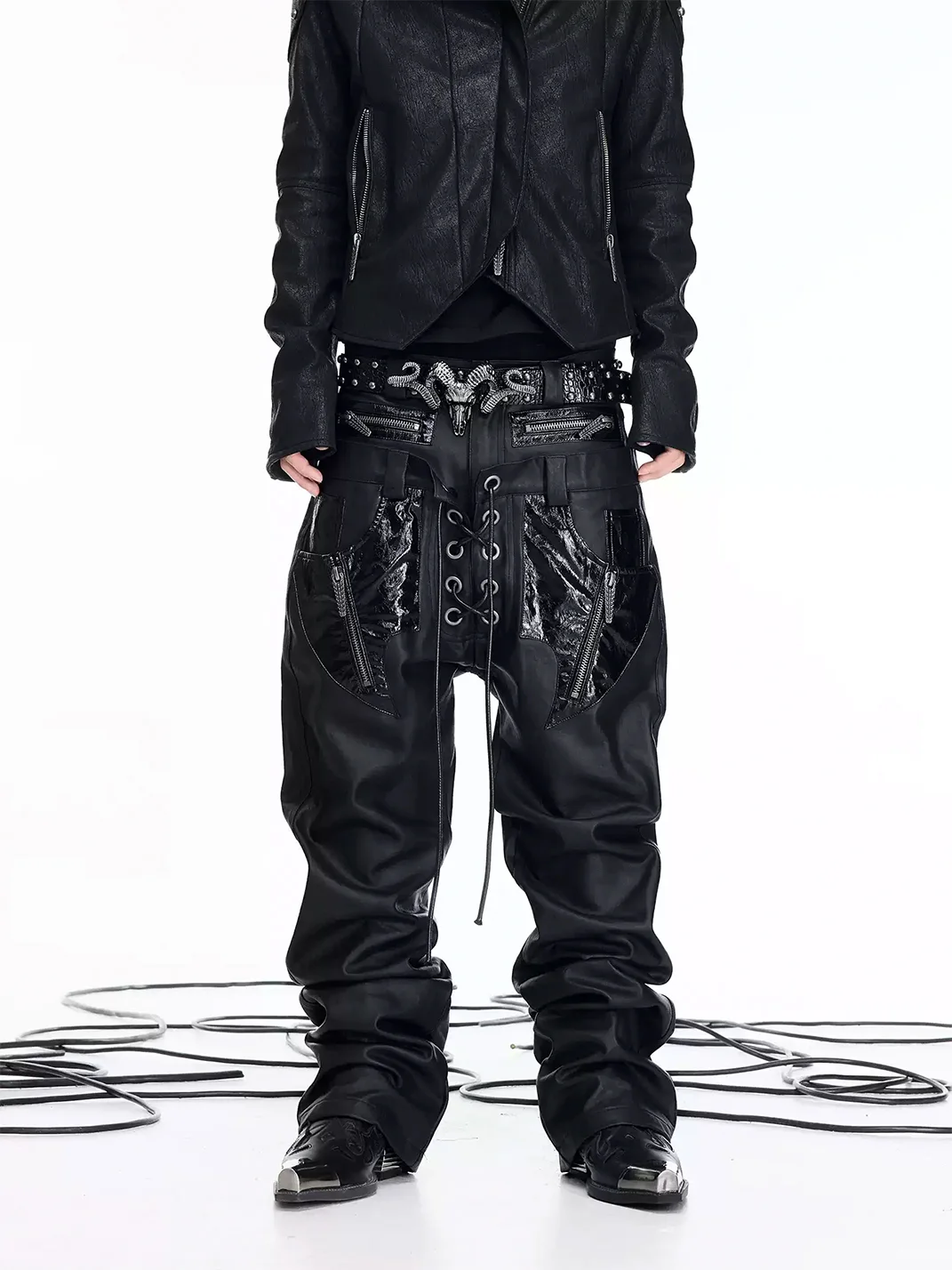 DARKRTPTS | Double-Waistband PU-Panel Coated Straight-Leg Jeans
