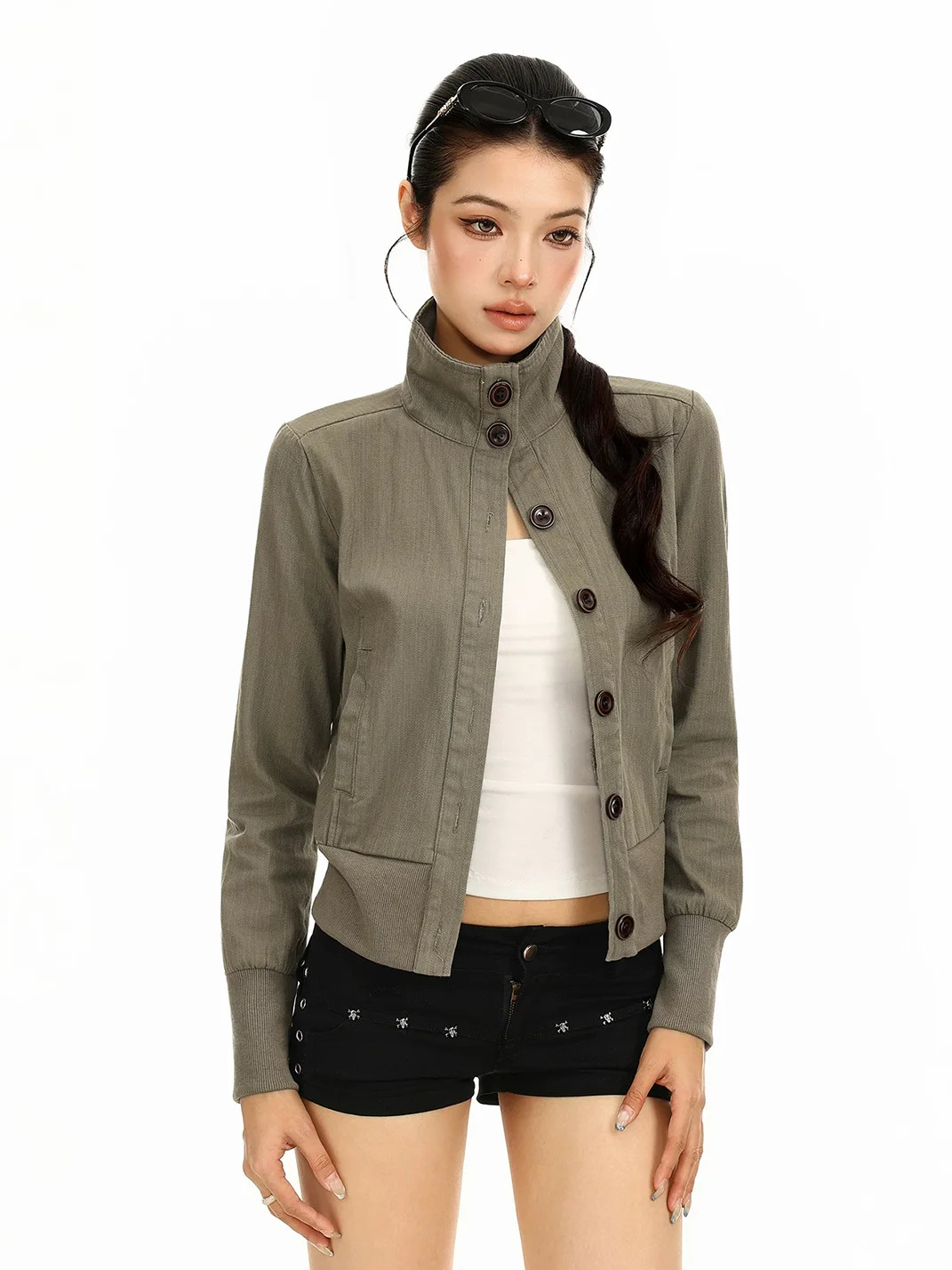 BIGGOLD | Cropped Stand Collar Button Jacket