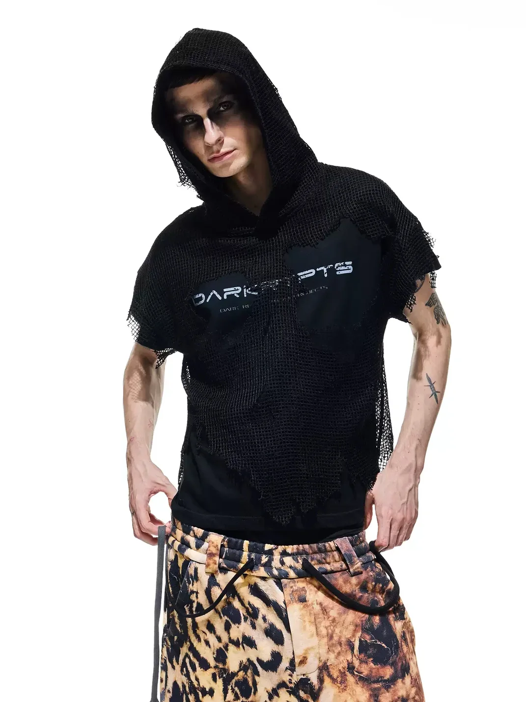 DARKRTPTS | Distressed Layered Mesh Hooded Graphic T-Shirt
