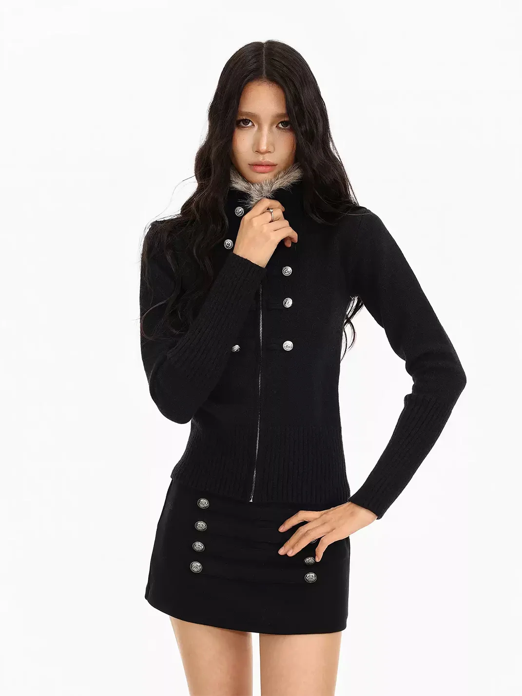 BIGGOLD | Fur Collar Double-Breasted Cropped Knit Cardigan
