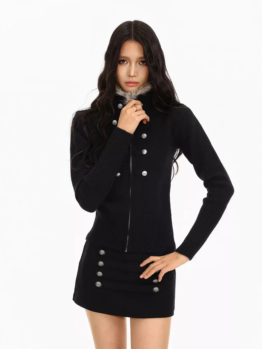 BIGGOLD | Fur Collar Double-Breasted Cropped Knit Cardigan - 3