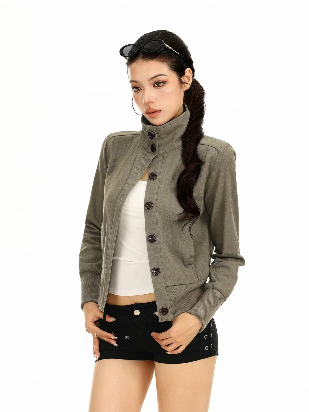 BIGGOLD | Cropped Stand Collar Button Jacket