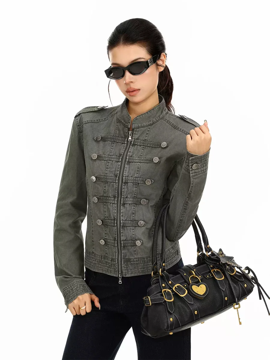 BIGGOLD | Washed Double-Breasted Stand Collar Denim Jacket - 3