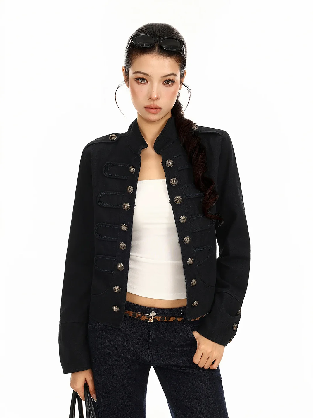 BIGGOLD | Mandarin Collar Double-Breasted Cropped Jacket