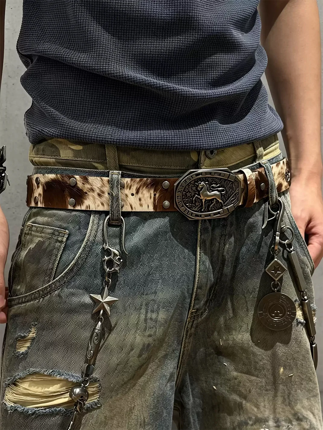 SEXXDEVIL | Distressed Studded Horse Buckle Cowhide Belt