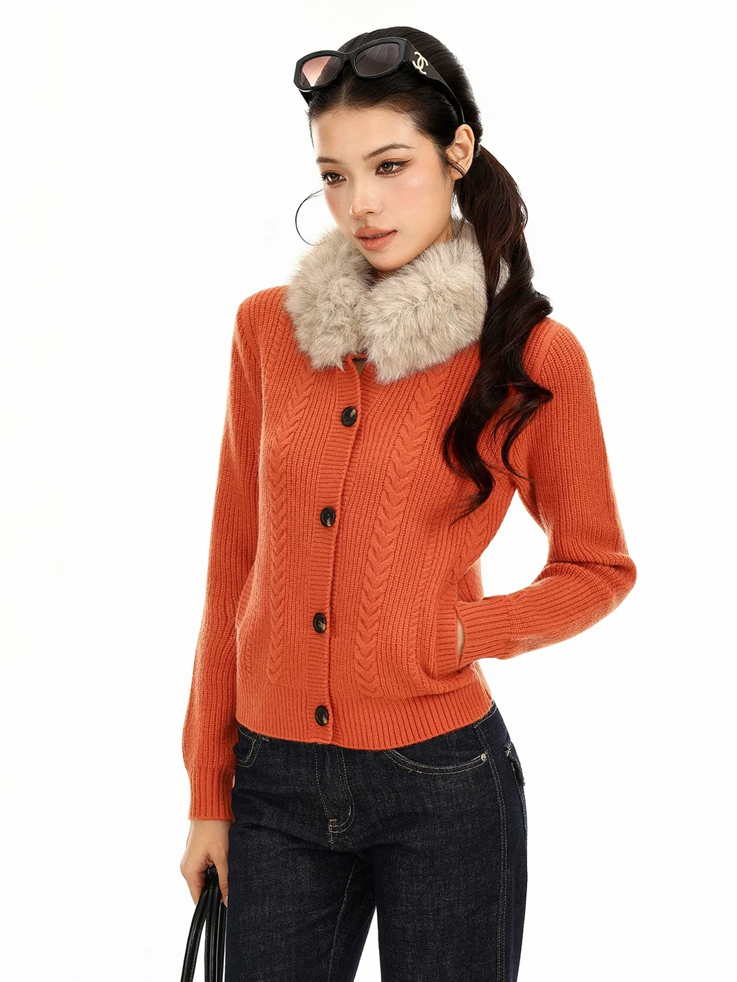 BIGGOLD | Detachable Fur Collar Cable Knit Cardigan