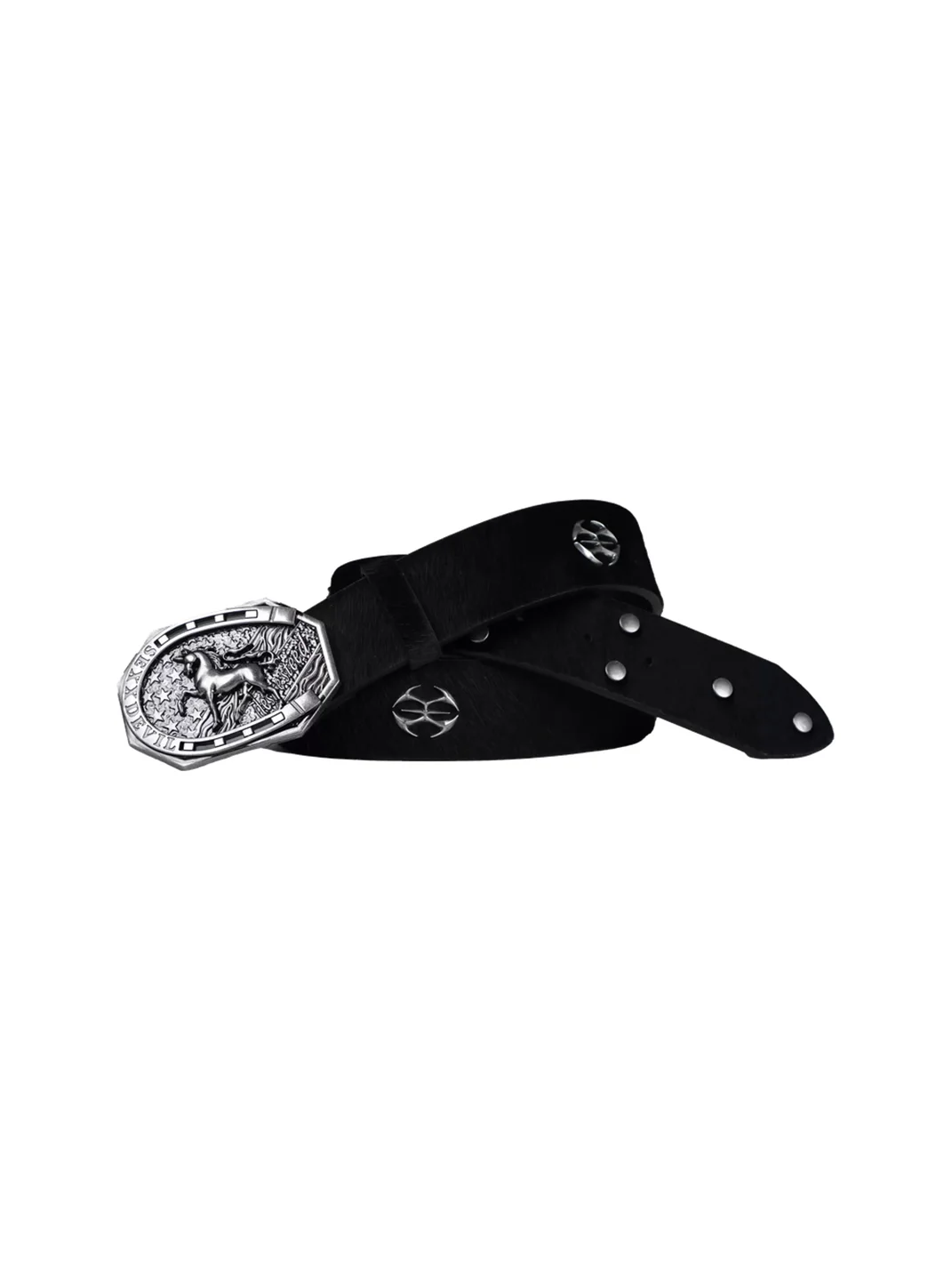 SEXXDEVIL | Distressed Studded Horse Buckle Cowhide Belt