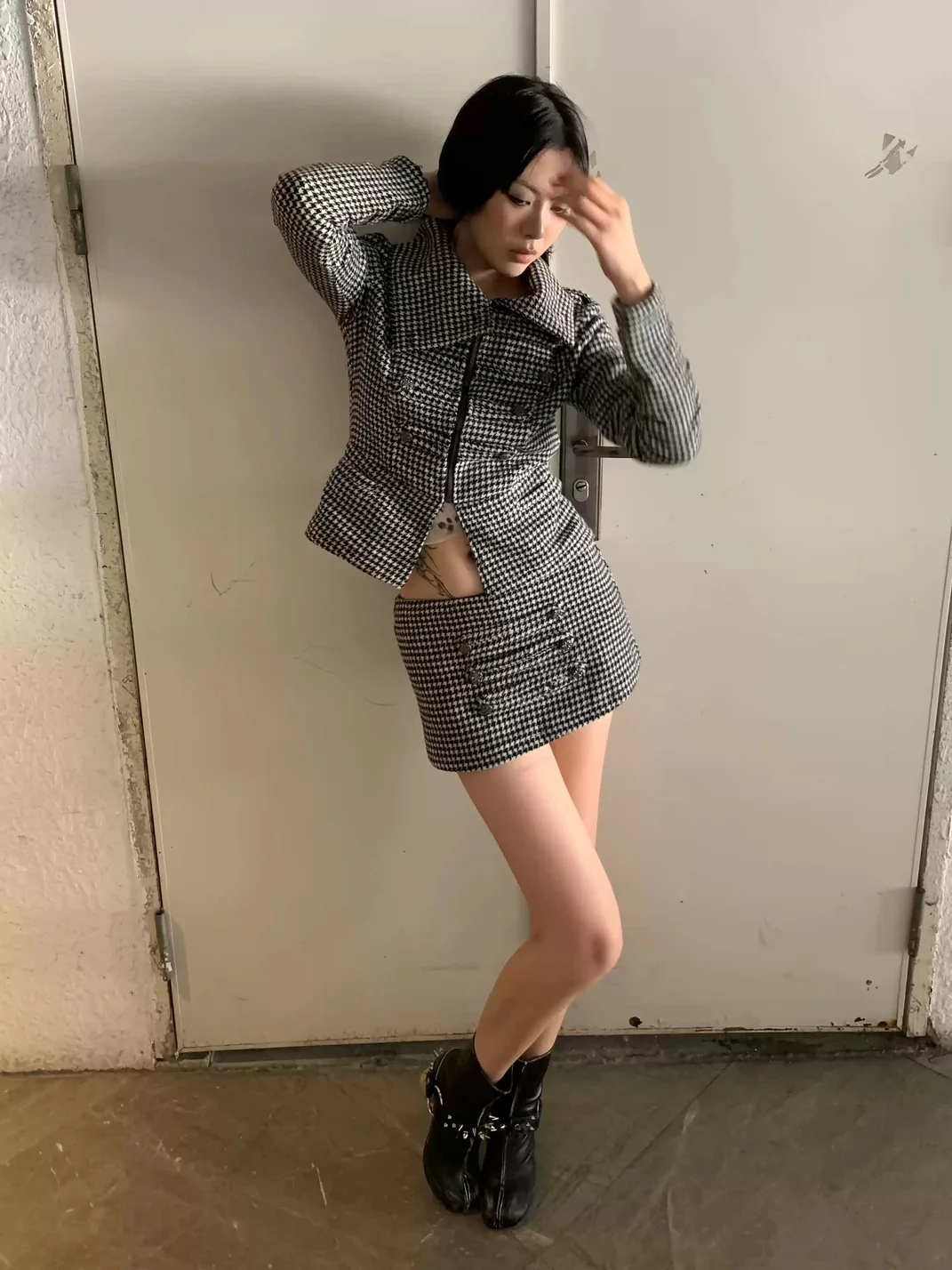 Imdelusion | Cropped Houndstooth Jacket And Mini Skort Set