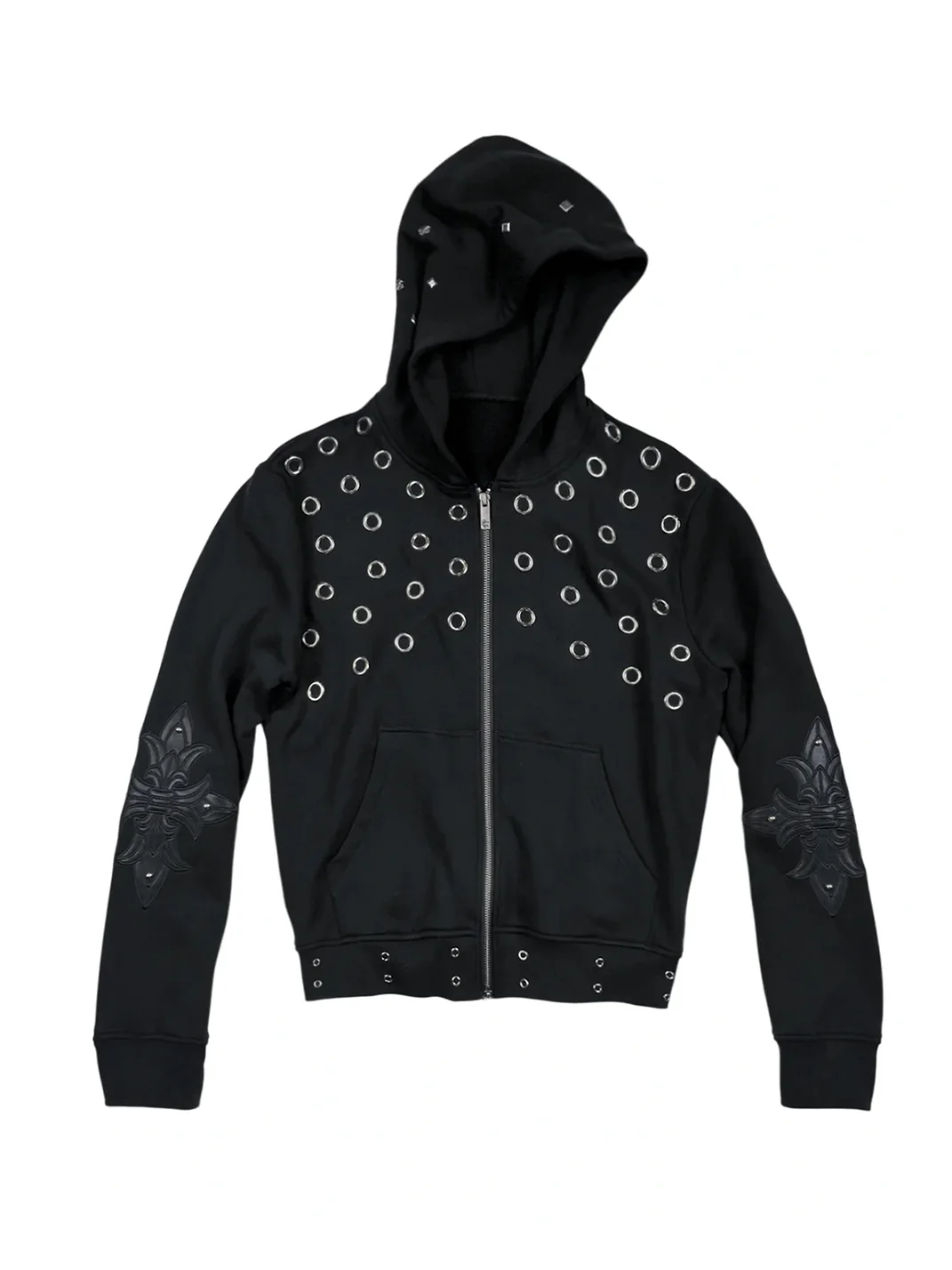 SAXGENWON | Studded Eyelet Applique Embroidered Zip Hoodie
