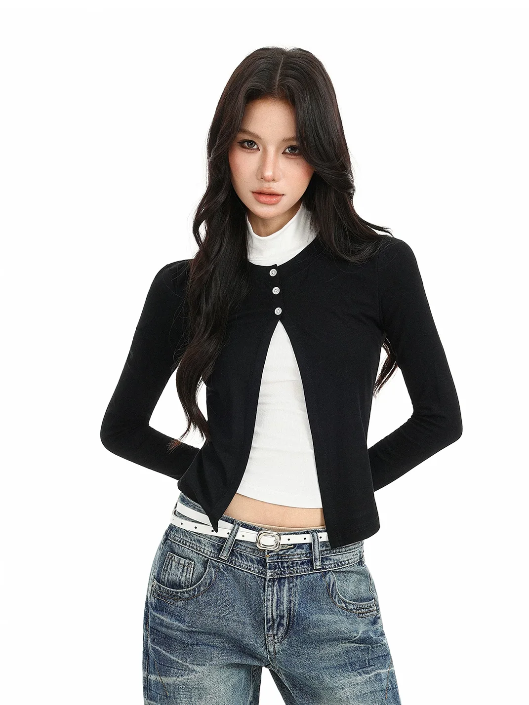 BIGGOLD | Split Mock Neck Long Sleeve Fitted Top