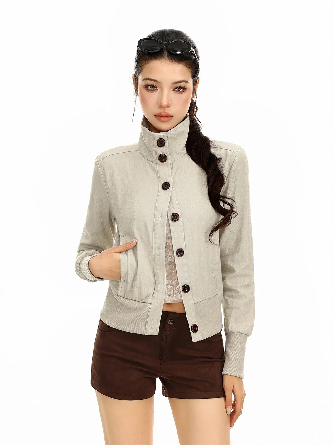 BIGGOLD | Cropped Stand Collar Button Jacket