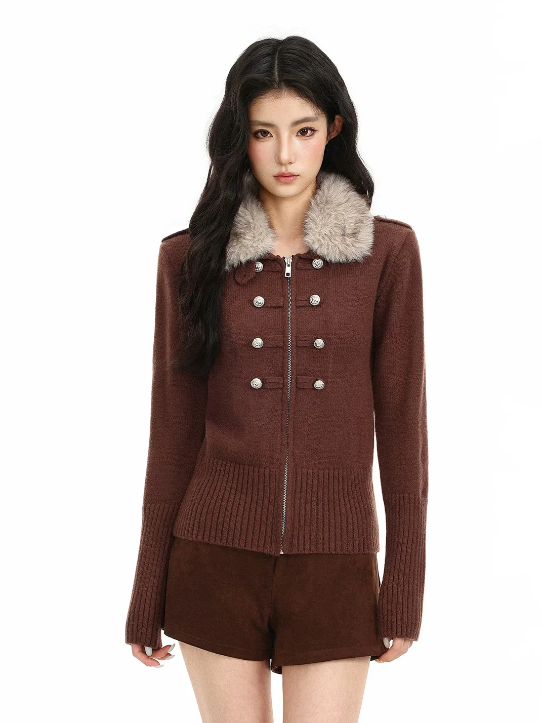 BIGGOLD | Fur Collar Double-Breasted Cropped Knit Cardigan