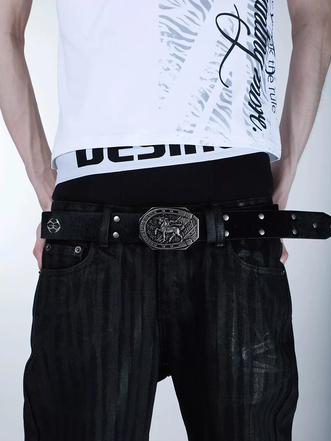 SEXXDEVIL | Distressed Studded Horse Buckle Cowhide Belt