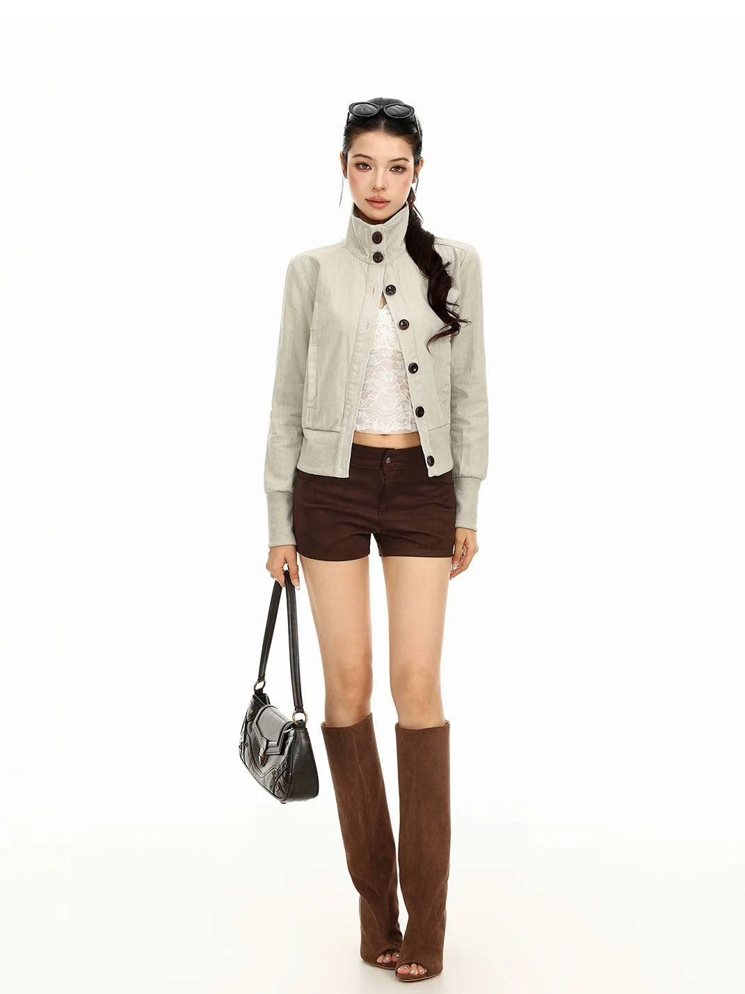 BIGGOLD | Cropped Stand Collar Button Jacket