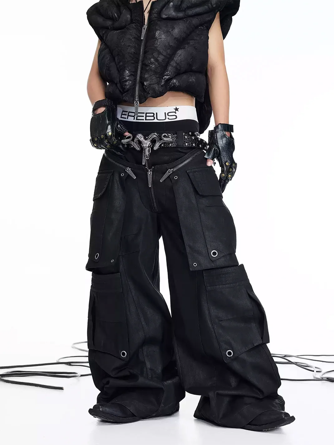 DARKRTPTS | Double-Waist Waxed Wide-Leg Multi-Pocket Jeans