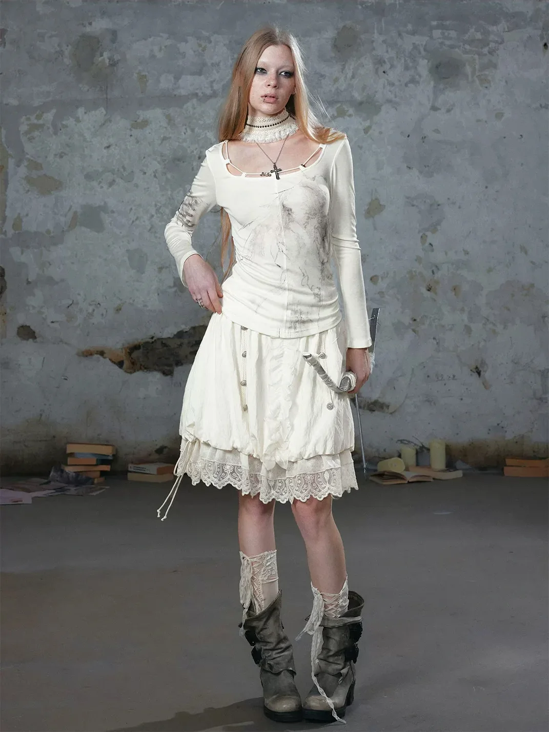 Cest Nous | Mid-Rise A-Line Lace Chiffon Drawstring Skirt