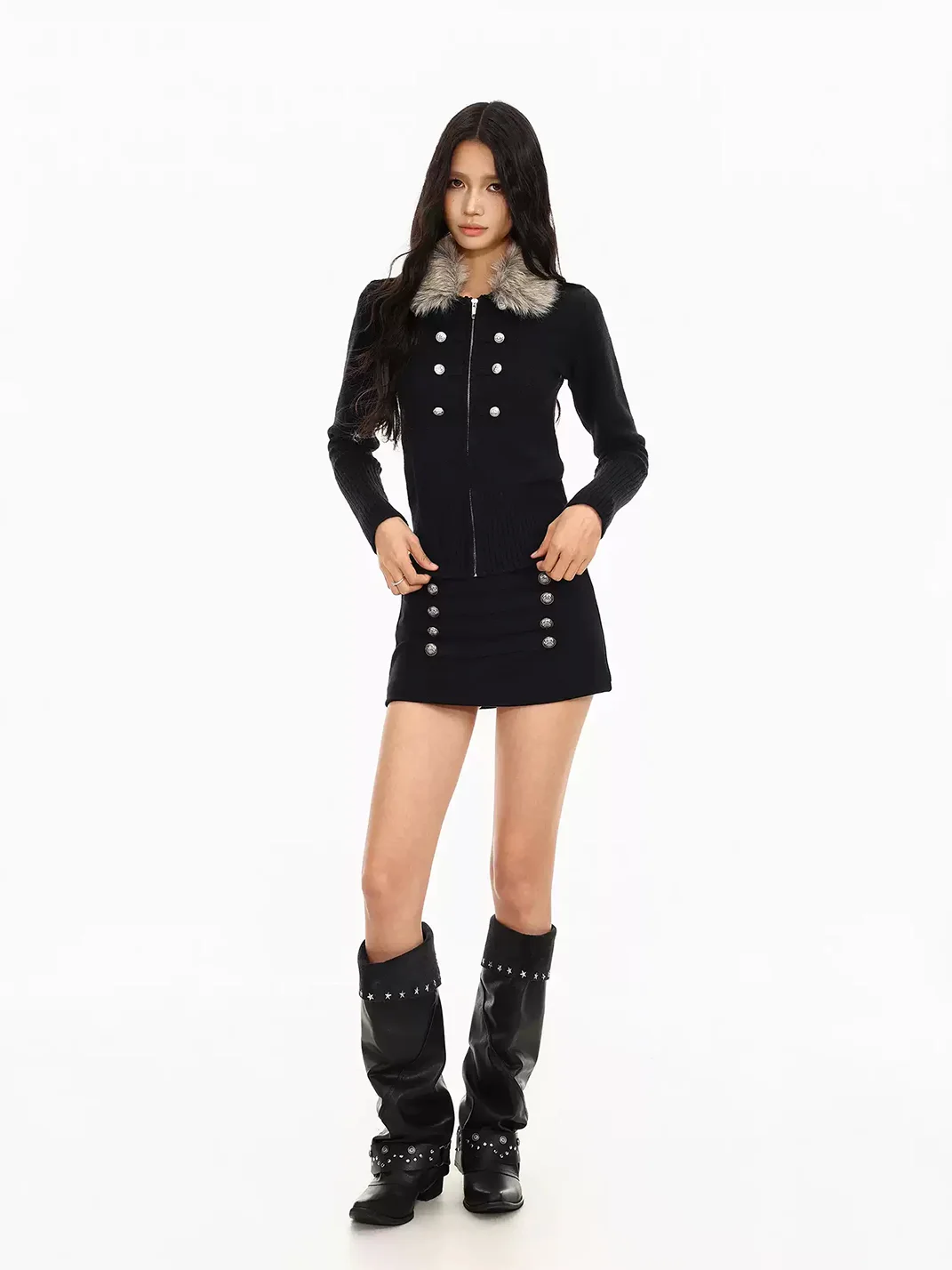 BIGGOLD | Fur Collar Double-Breasted Cropped Knit Cardigan