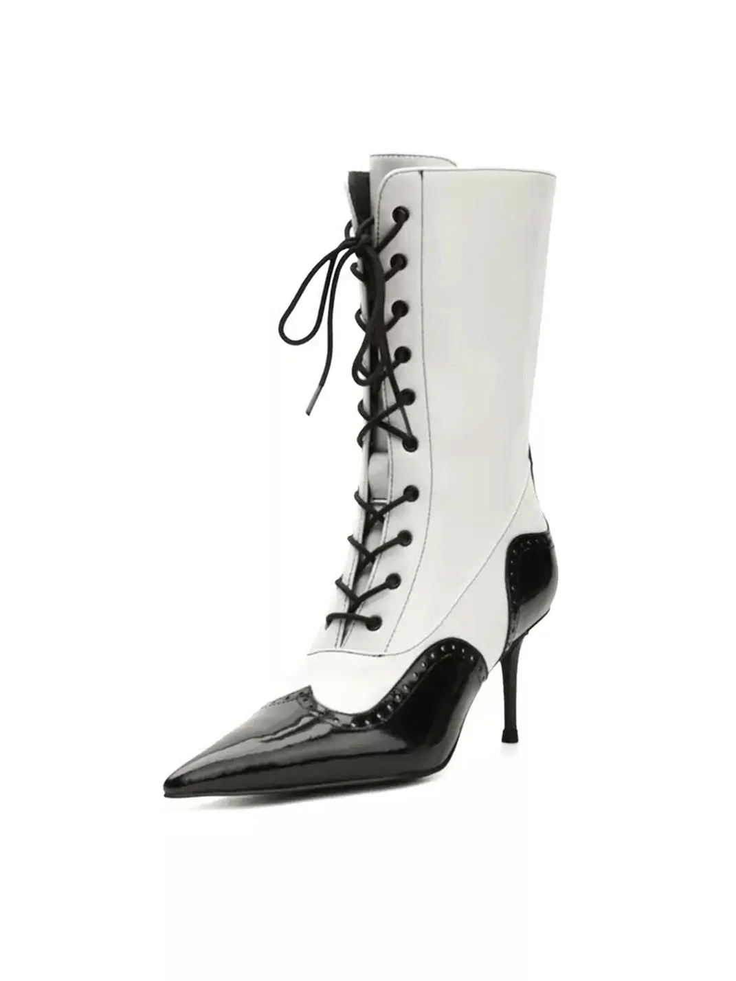 Colorful Bridge | Black White Brogue Lace-Up Calf Boots