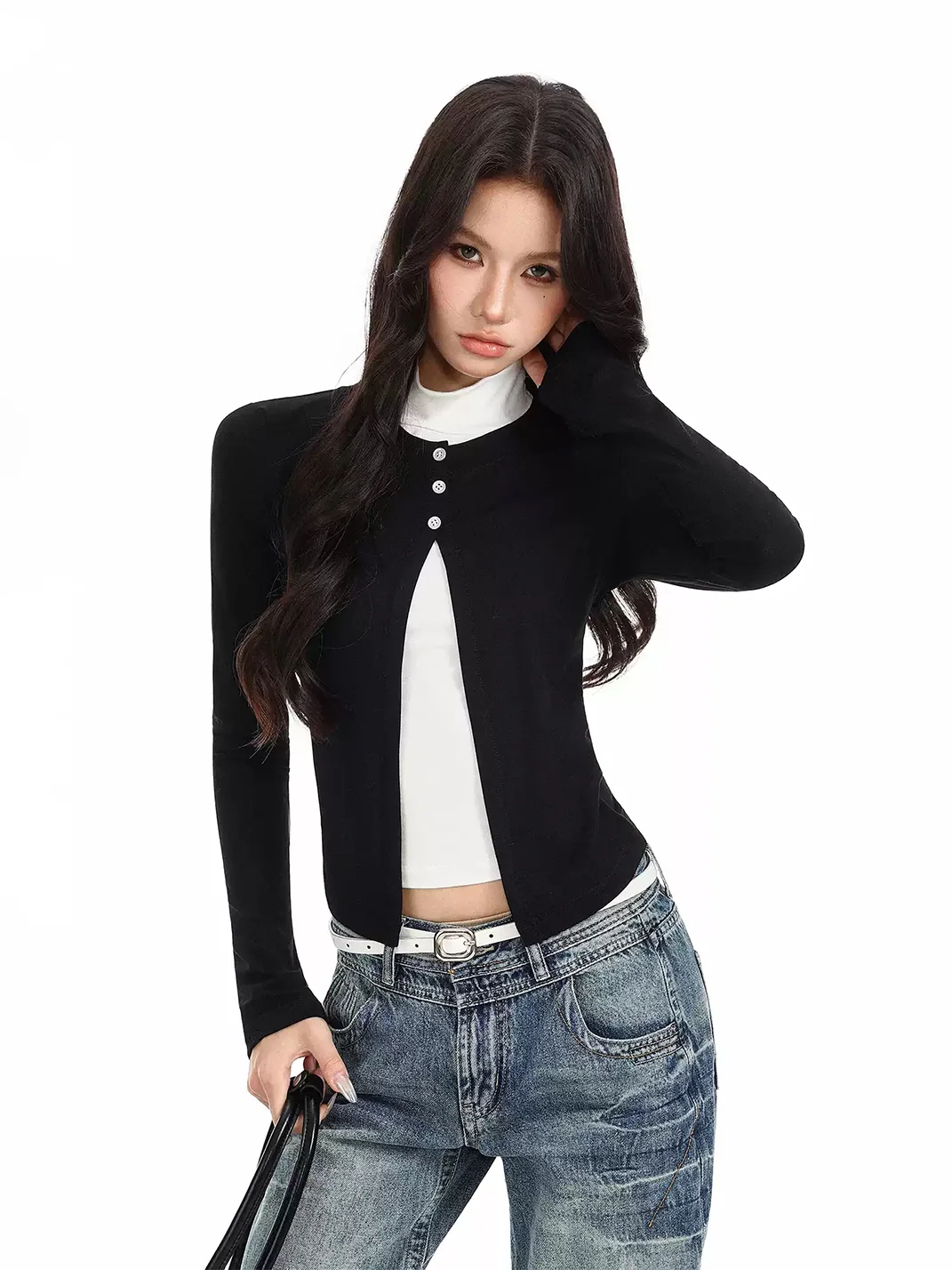 BIGGOLD | Split Mock Neck Long Sleeve Fitted Top