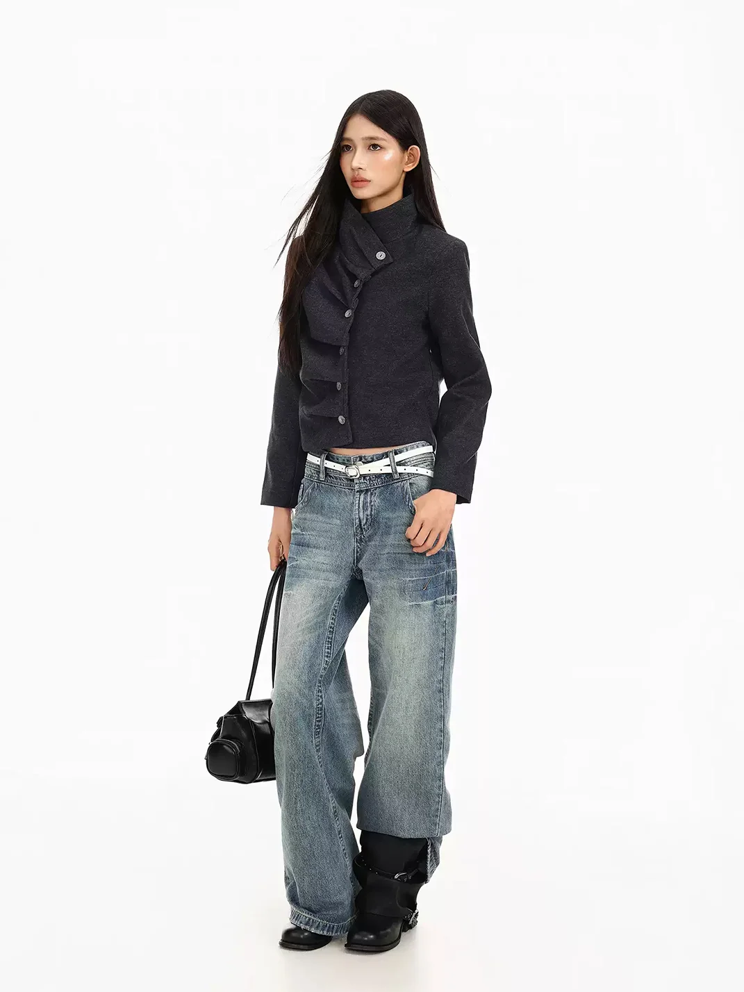 BIGGOLD | Vintage Asymmetric Stand Collar Cropped Jacket