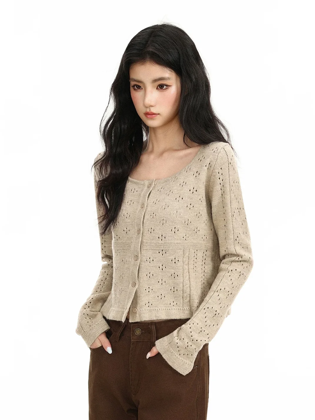 BIGGOLD | Cropped Openwork Wool Knit Cardigan