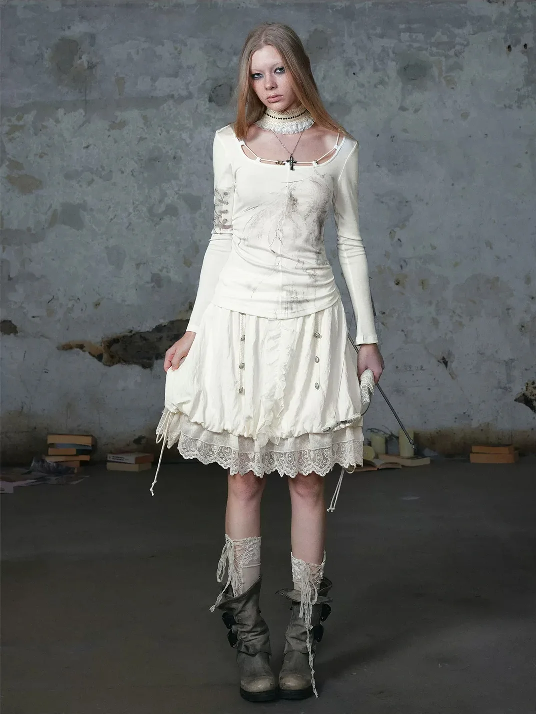 Cest Nous | Mid-Rise A-Line Lace Chiffon Drawstring Skirt