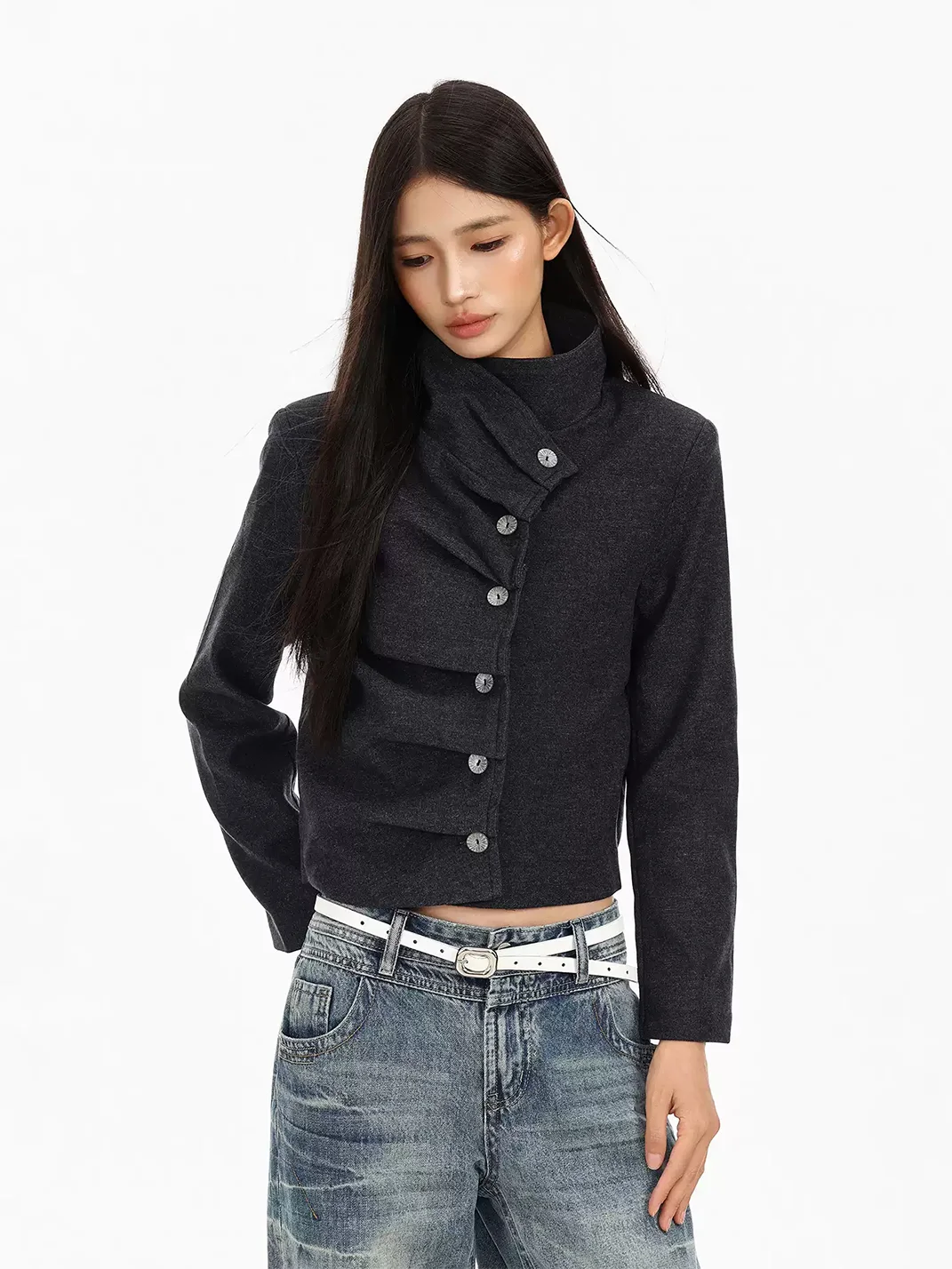 BIGGOLD | Vintage Asymmetric Stand Collar Cropped Jacket