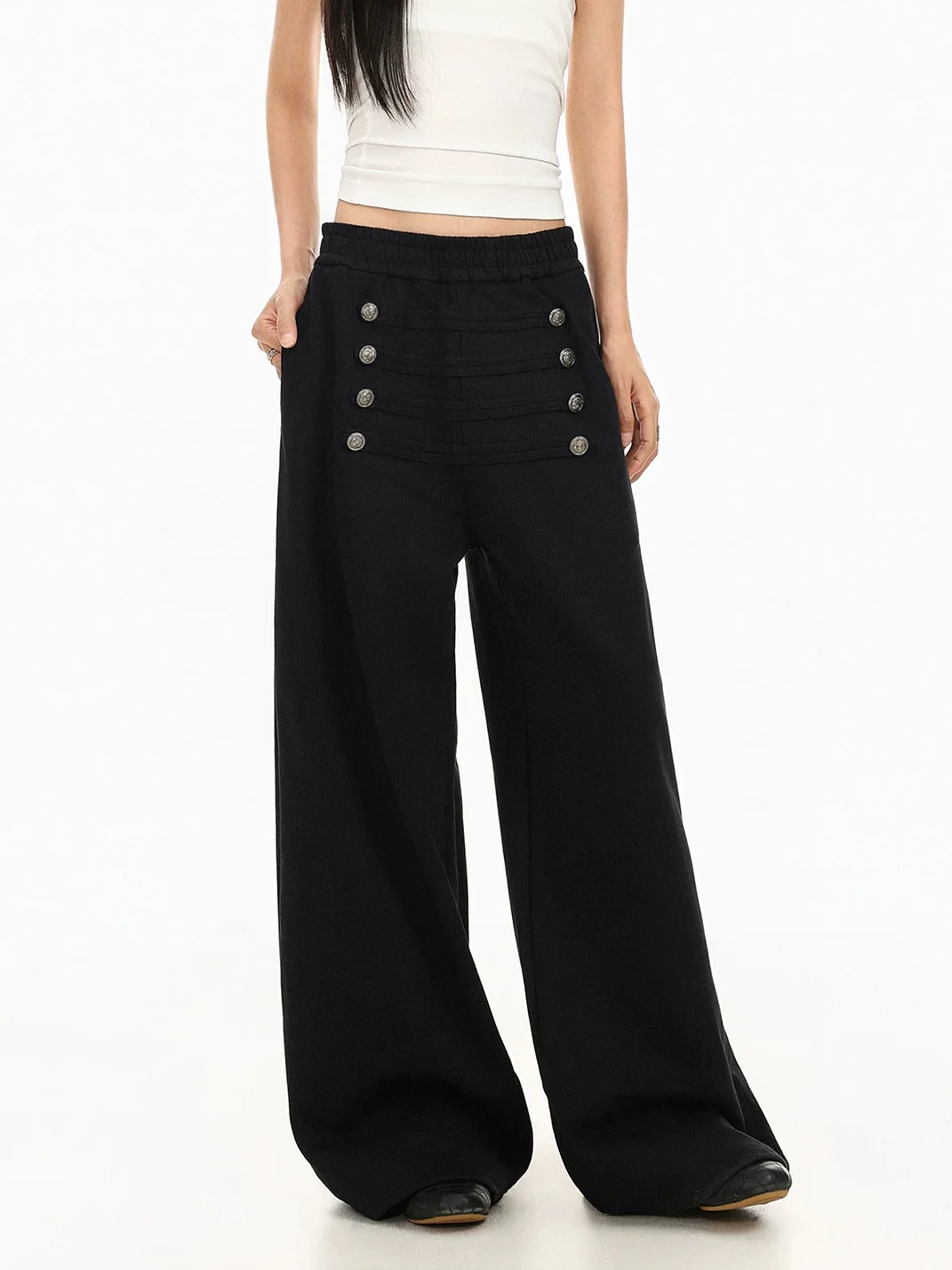 BIGGOLD | Wide-Leg Button-Trim Sweatpants