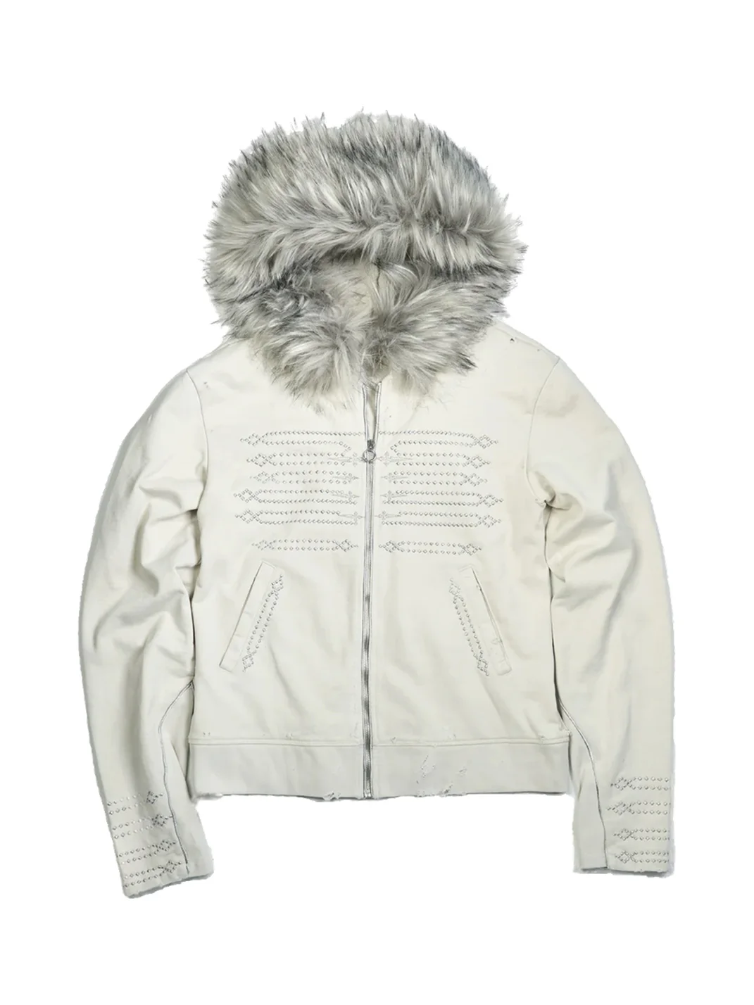 WHISTLEHUNTER | Distressed Embroidered Zip Hoodie With Detachable Fur Collar