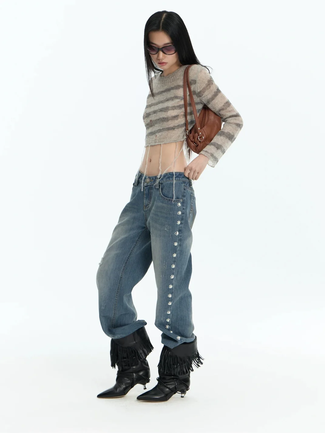 FayChui | Pearl Flower Distressed Low-Rise Flare Jeans