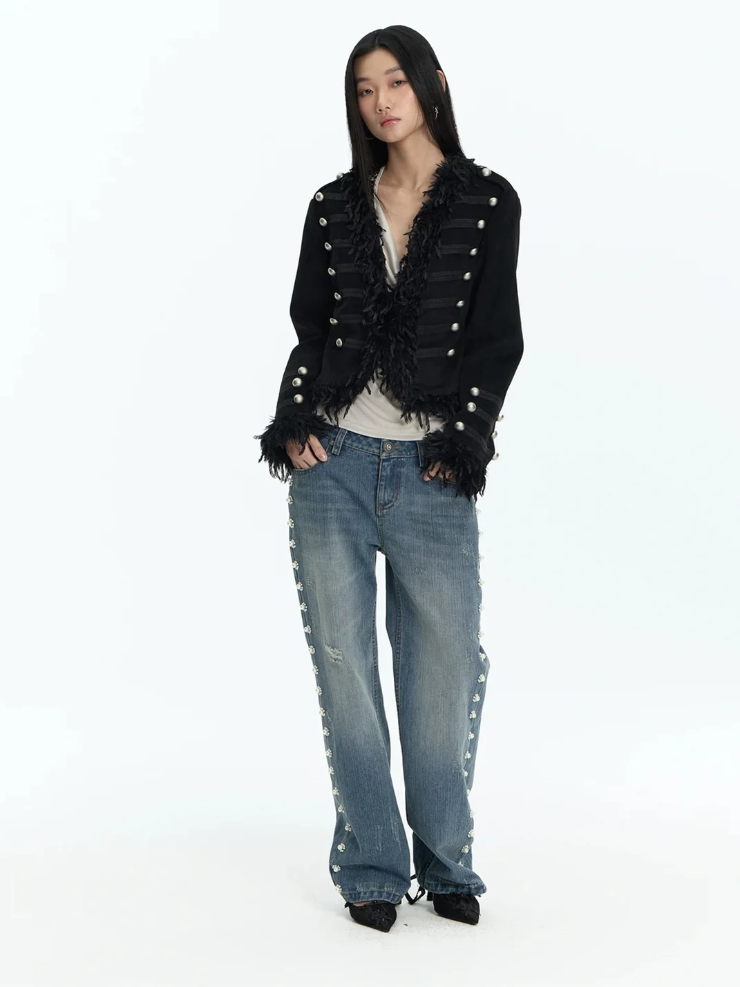 FayChui | Pearl Flower Distressed Low-Rise Flare Jeans