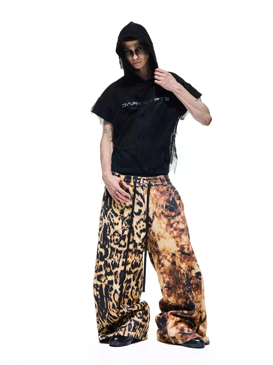 DARKRTPTS | Distressed Layered Mesh Hooded Graphic T-Shirt