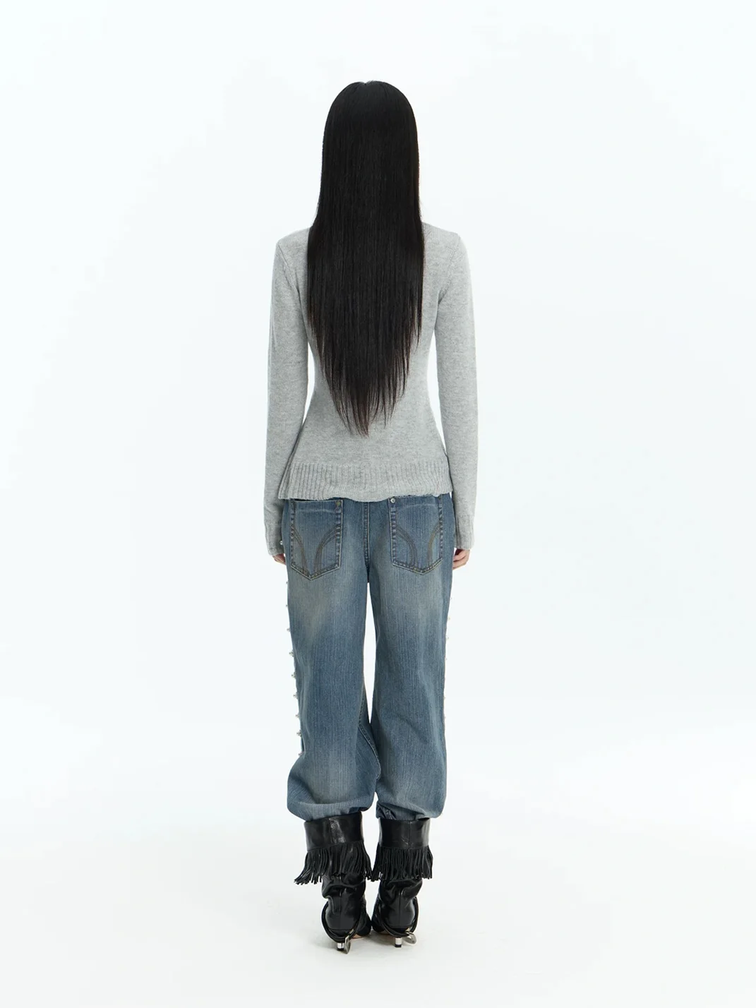 FayChui | Pearl Flower Distressed Low-Rise Flare Jeans