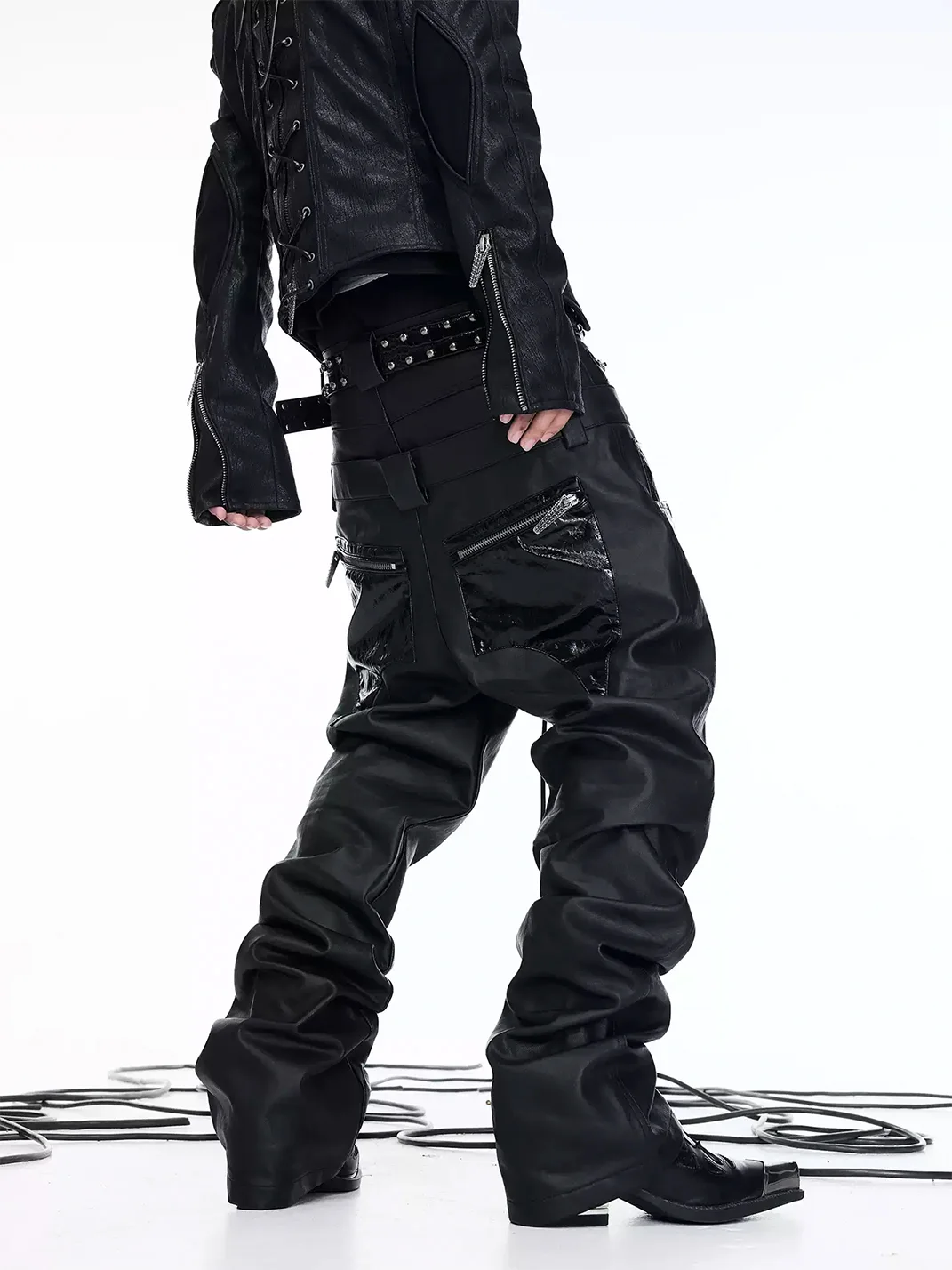 DARKRTPTS | Double-Waistband PU-Panel Coated Straight-Leg Jeans
