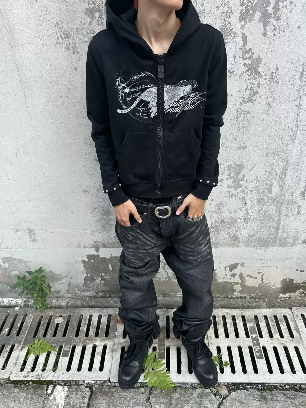 SAXGENWON | Silver Cheetah Print Studded Zip Hoodie
