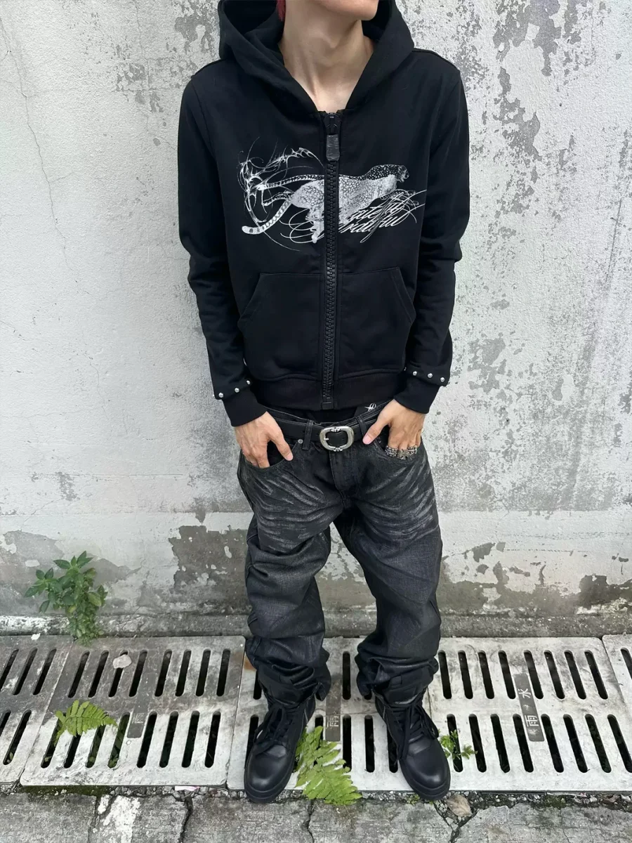 SAXGENWON | Silver Cheetah Print Studded Zip Hoodie - 4