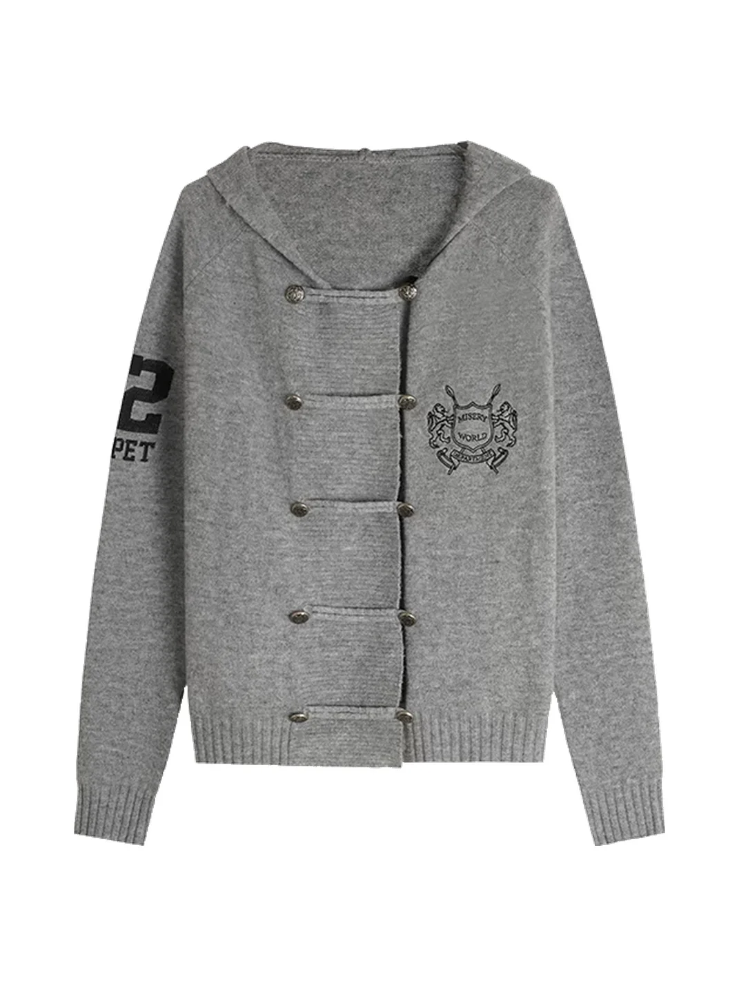 BIGGOLD | Gray Hooded Double-Breasted Knit Cardigan