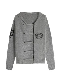 BIGGOLD | Gray Hooded Double-Breasted Knit Cardigan