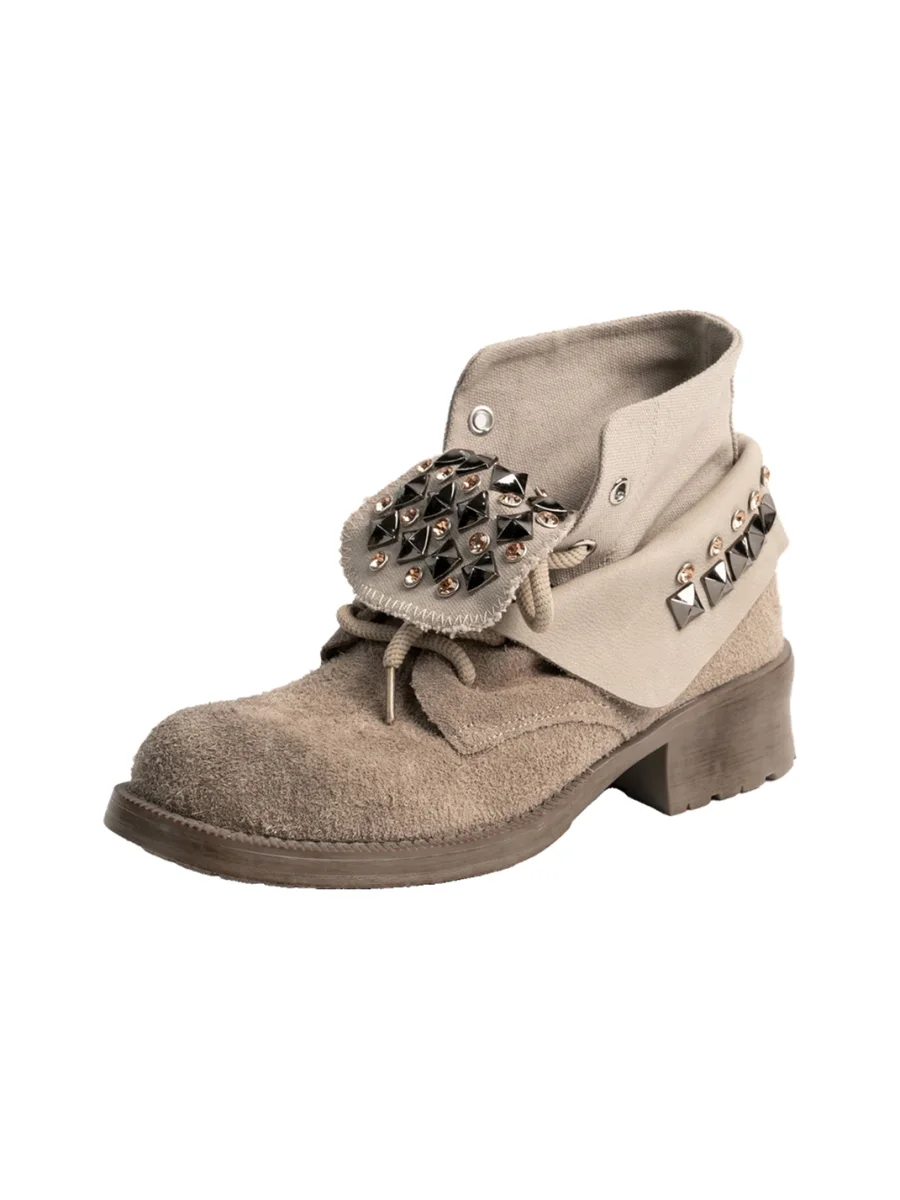 ZHUDAGE | Studded Foldover Lace-Up Ankle Boots - 2