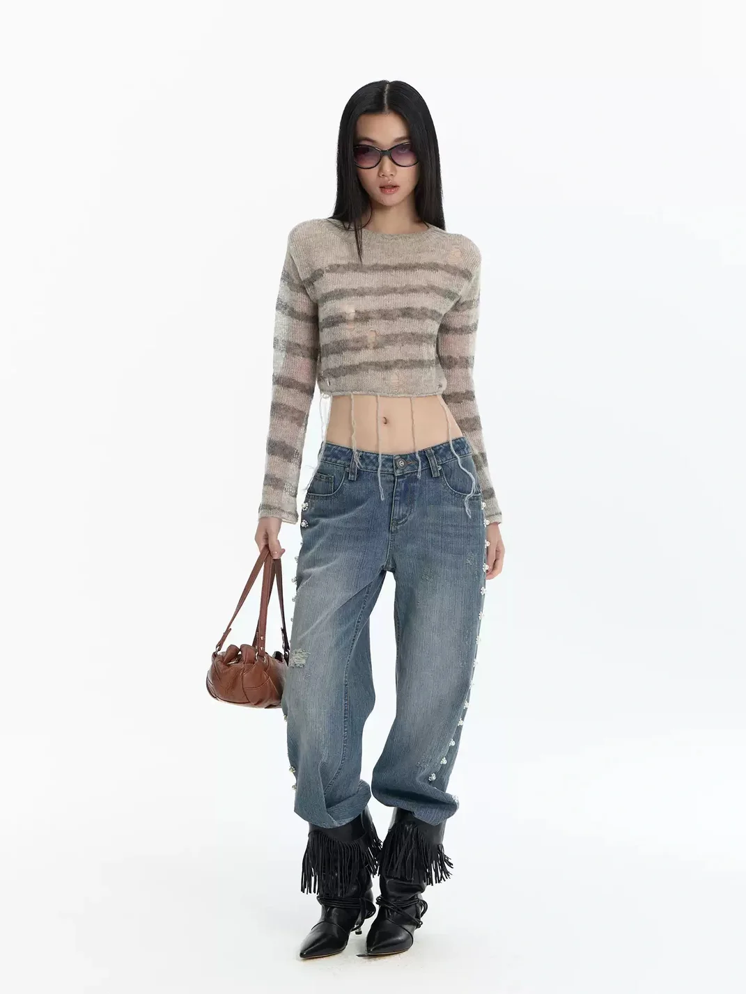 FayChui | Pearl Flower Distressed Low-Rise Flare Jeans