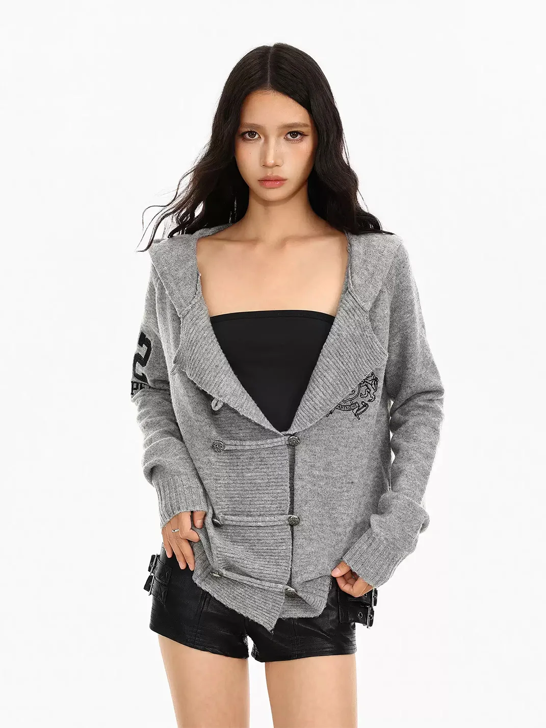 BIGGOLD | Gray Hooded Double-Breasted Knit Cardigan