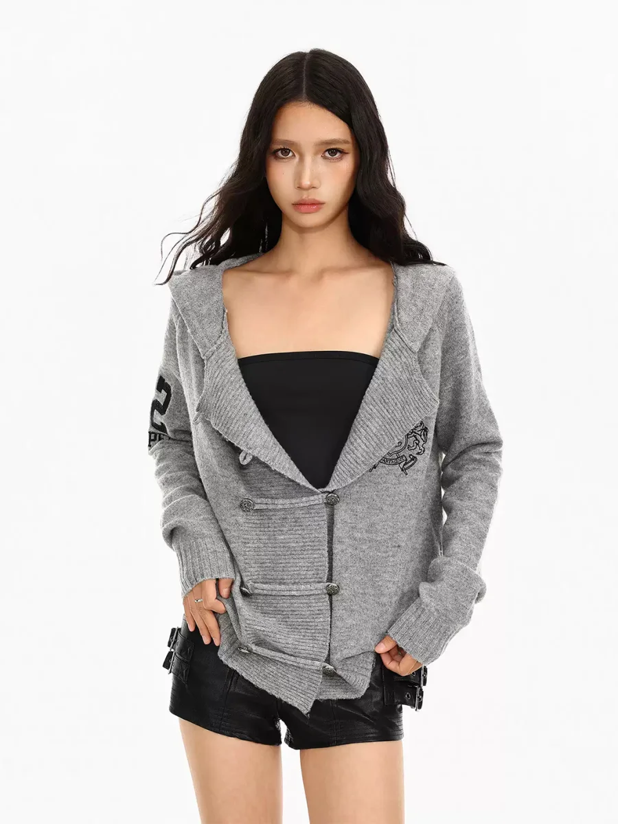 BIGGOLD | Gray Hooded Double-Breasted Knit Cardigan - 4