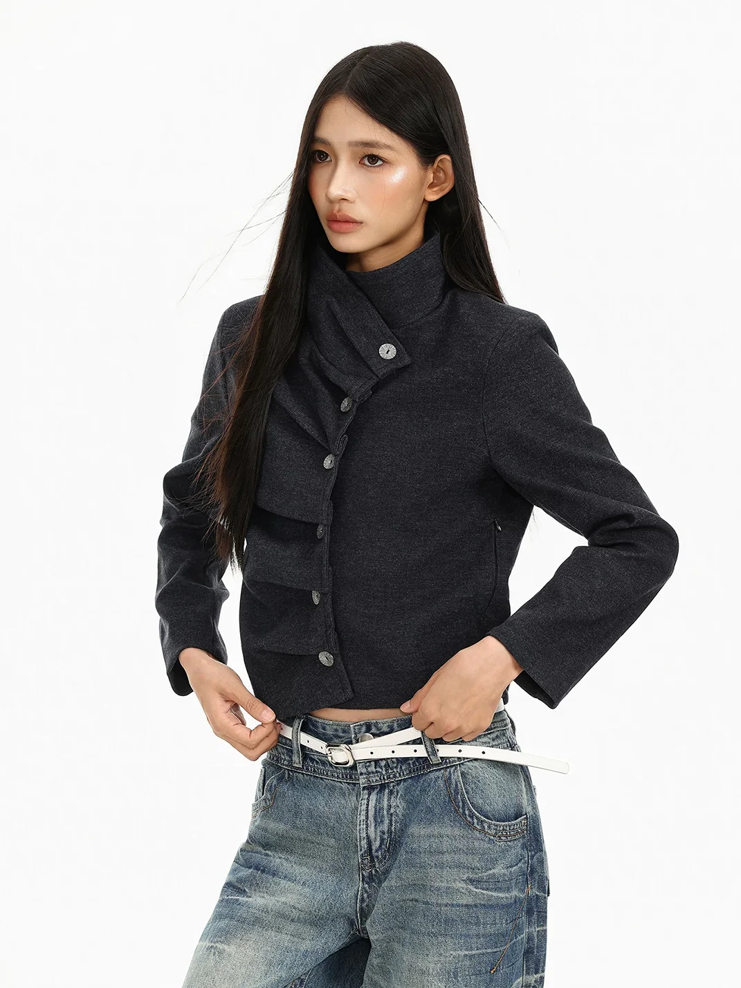 BIGGOLD | Vintage Asymmetric Stand Collar Cropped Jacket