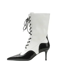 Colorful Bridge | Black White Brogue Lace-Up Calf Boots