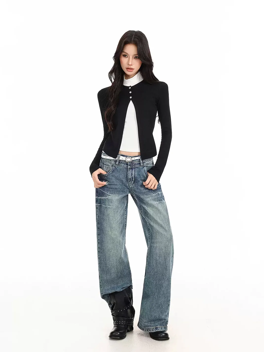 BIGGOLD | Split Mock Neck Long Sleeve Fitted Top